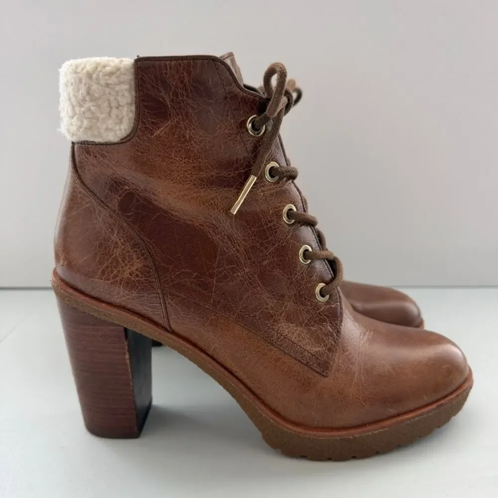 Michael Kors Kim Leather Carmel Distressed Stacked Heel Ankle Boots Size 7.5